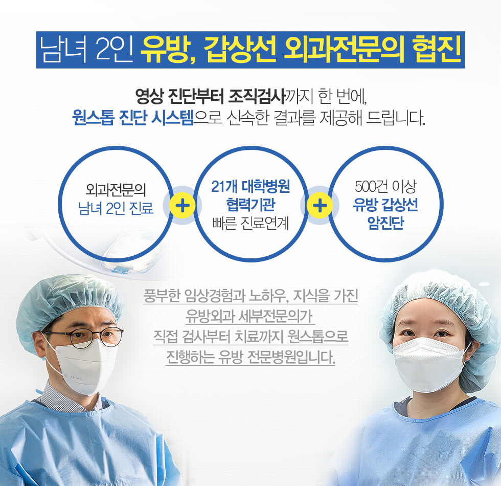 남녀 2인 유방, 갑상선 외과전문의 협진으로 영상 진단부터 조직검사까지 한 번에, 원스톱 진단 시스템으로 신속한 결과를 제공해 드립니다.